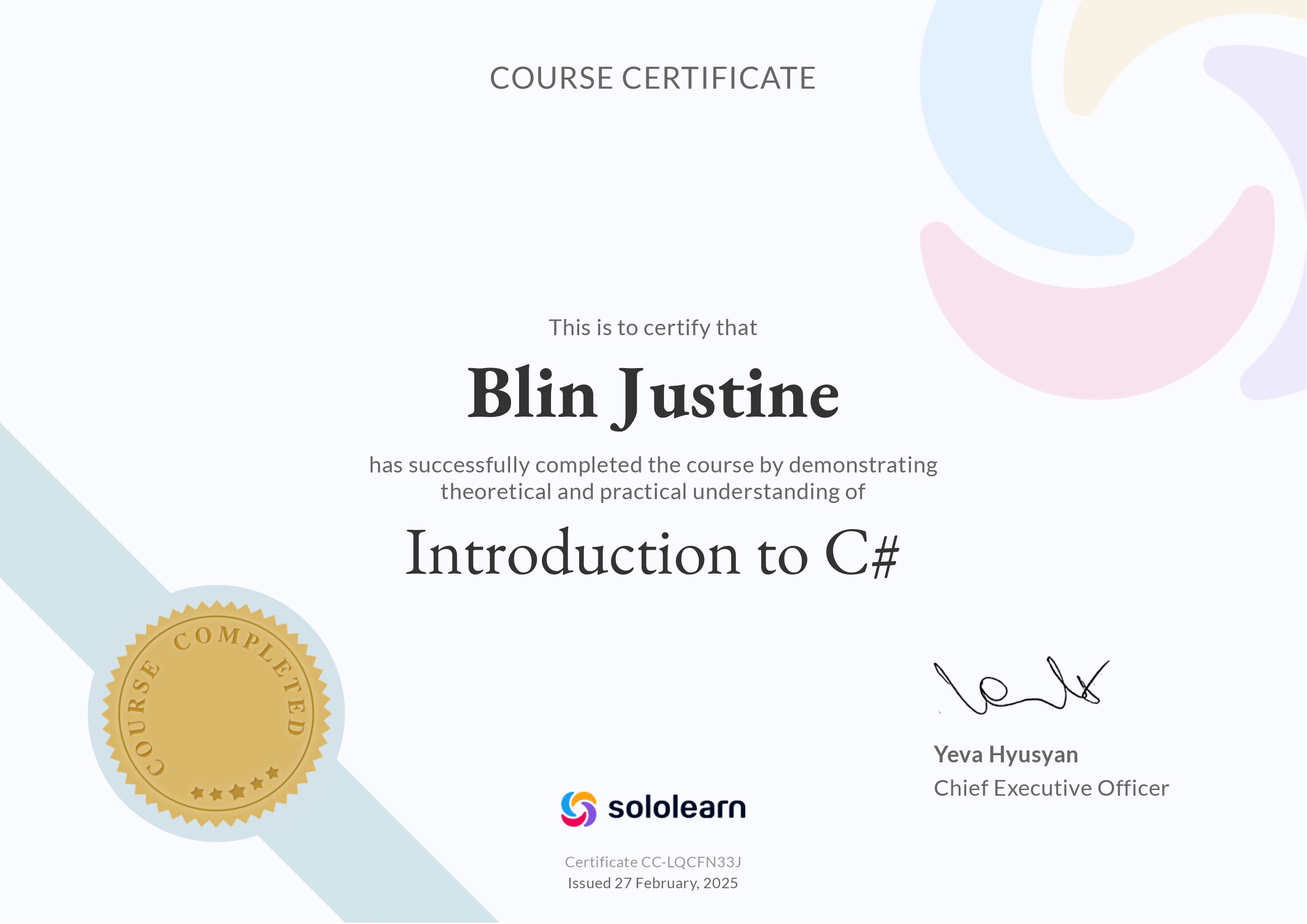 Certification SoloLearn Introduction to C-sharp